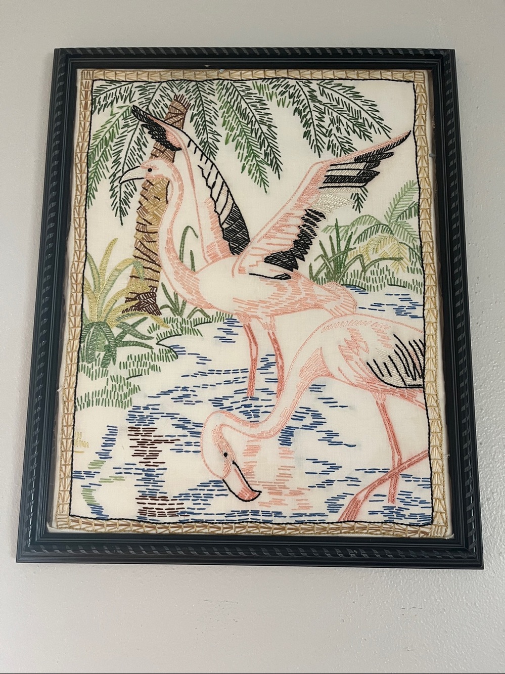 Vintage Hand Embroidered Flamingo Picture in Frame. No glass.